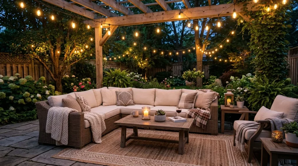 cozy outdoor living room with string lights