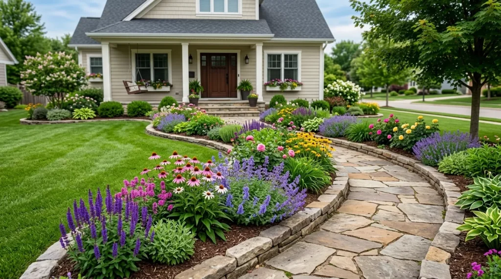 curved flower bed along the walkway