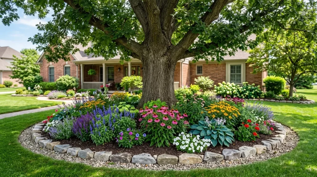 flower bed around a tree