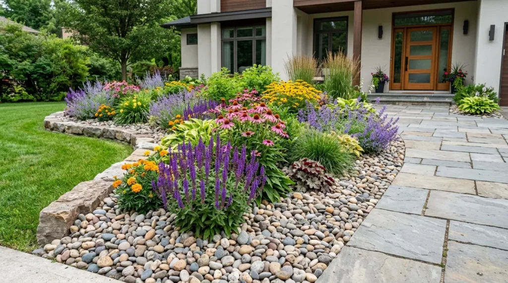 flower bed with decorative river rocks