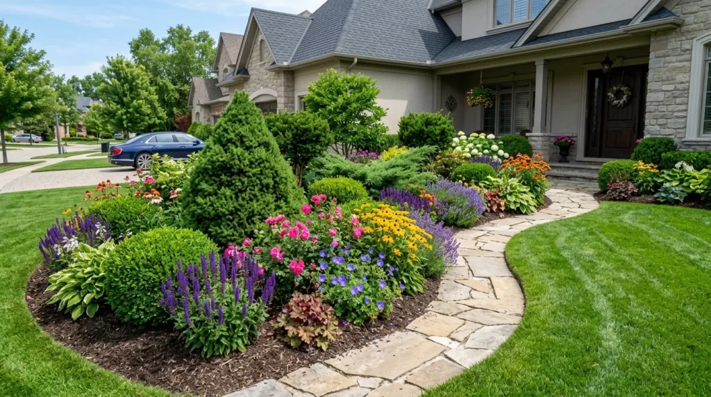 flower bed with evergreen shrubs