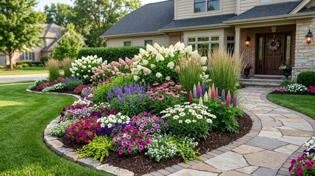 layered flower bed with tall and short plants