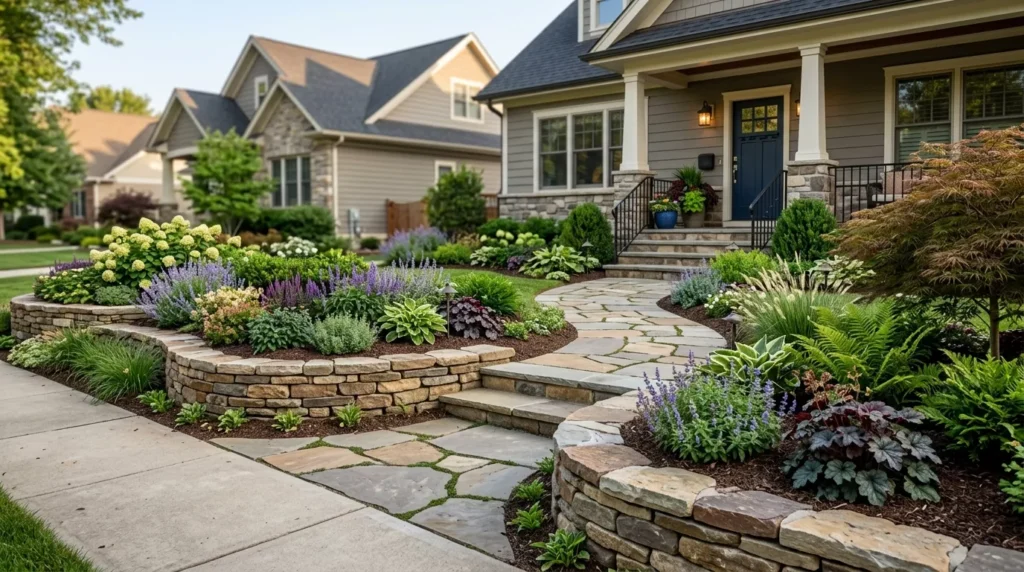 layered stone and plant border