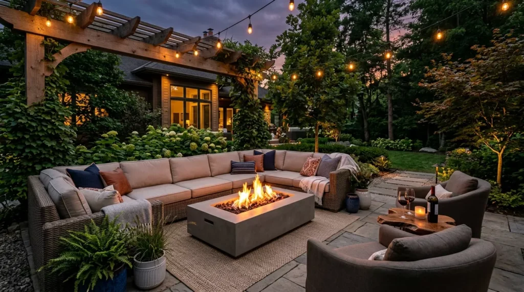 outdoor living space around a fire pit