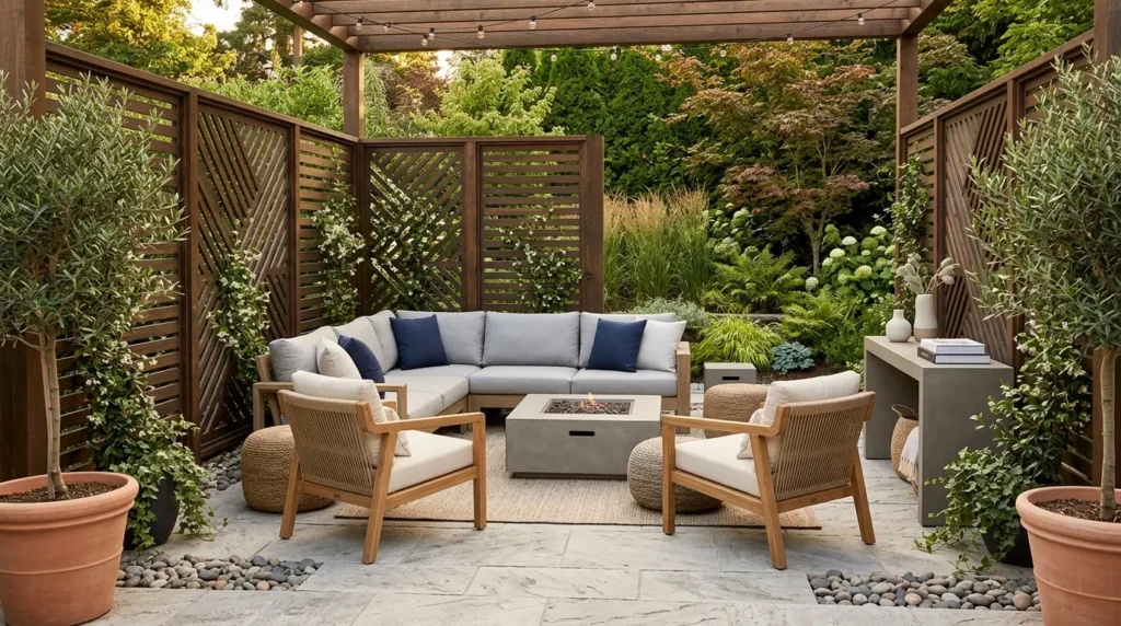 outdoor living space with privacy screens