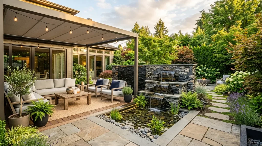 outdoor living space with water feature