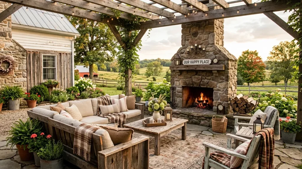 rustic farmhouse outdoor living area
