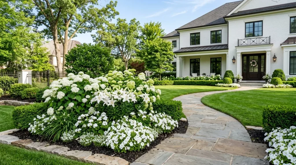 white flower bed for elegant curb appeal