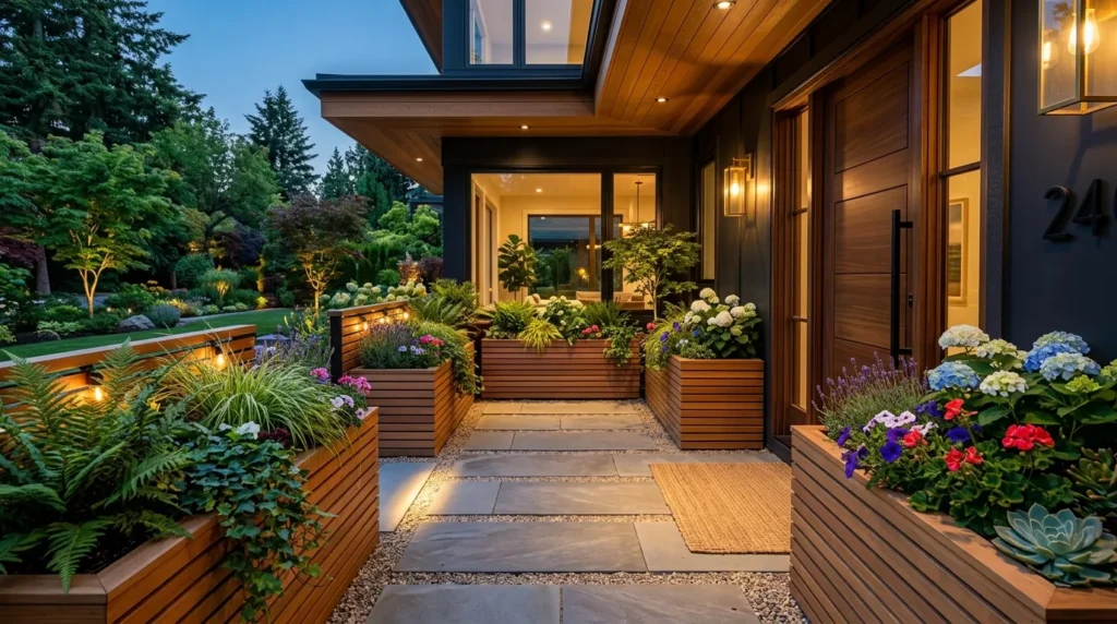 wooden slat planter entrance design
